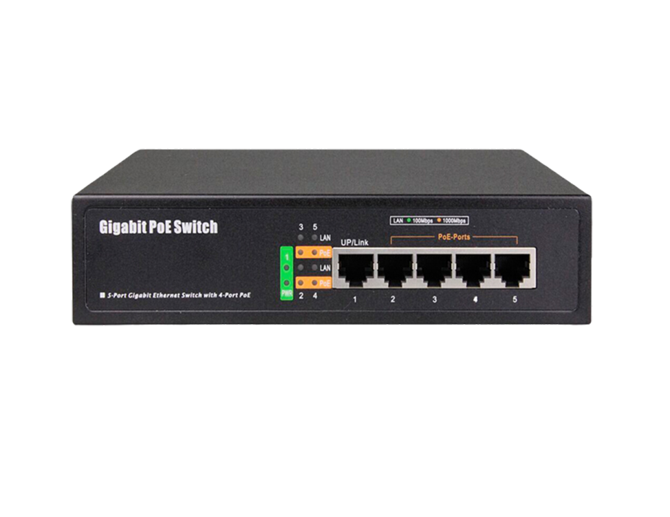 5個10/100/1000M 自適應RJ45端口，1~4號端口支持IEEE 802.3af/at標準