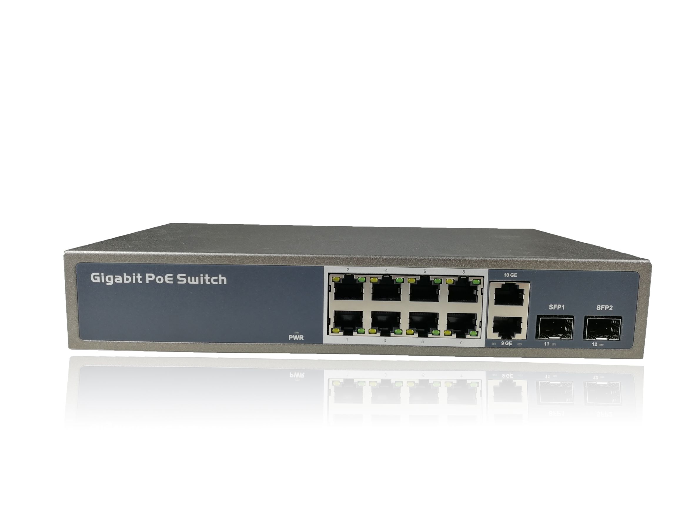 8個10/100/1000兆自適應RJ45端口，2個千兆RJ45上行端口，2個獨立的千兆光纖SFP端口，1～8個端口支持Poe電源